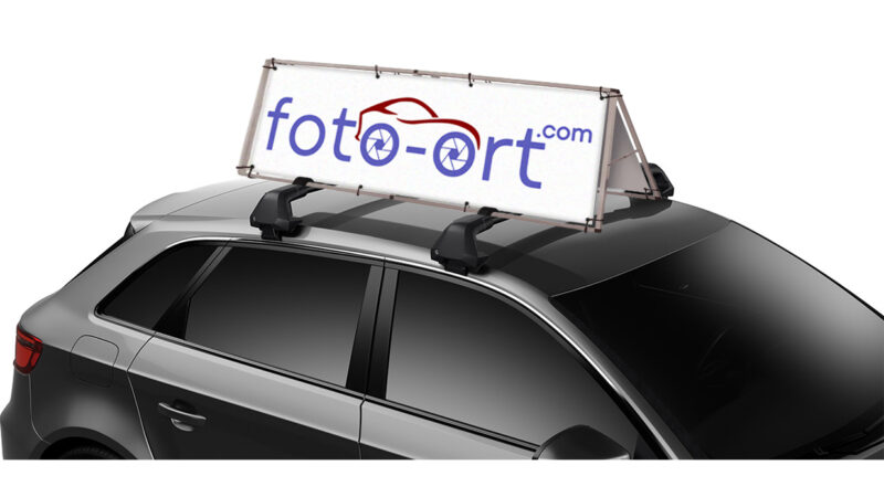 Autodachwerbung. Ausführung fest verschraubt an die Dachreling